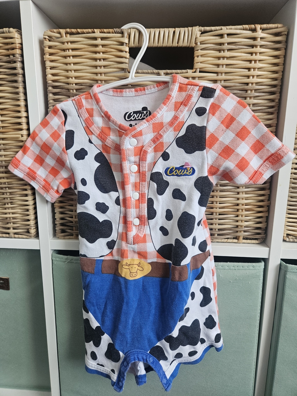 Kids One-Piece Bodysuit in Orange Gingham & Cow Print